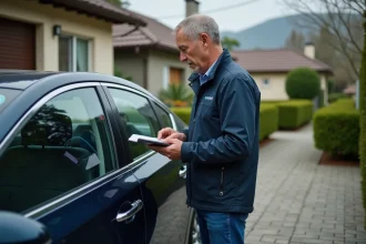Homme vérifiant l'écran de sa voiture hybride dans une allée résidentielle