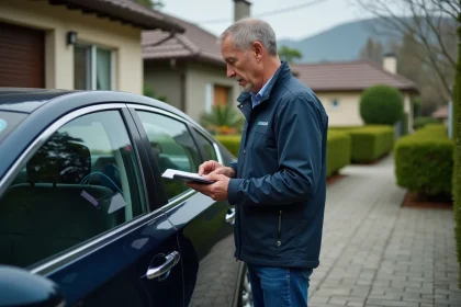 Homme vérifiant l'écran de sa voiture hybride dans une allée résidentielle