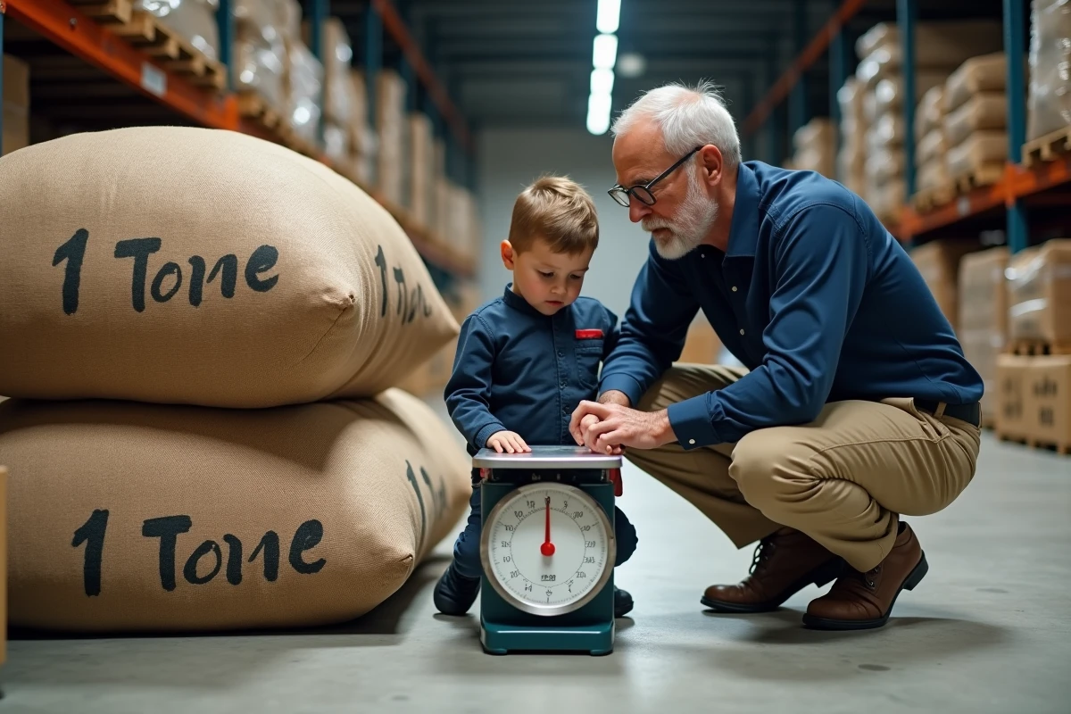 Homme montrant une balance à un garçon dans un entrepôt