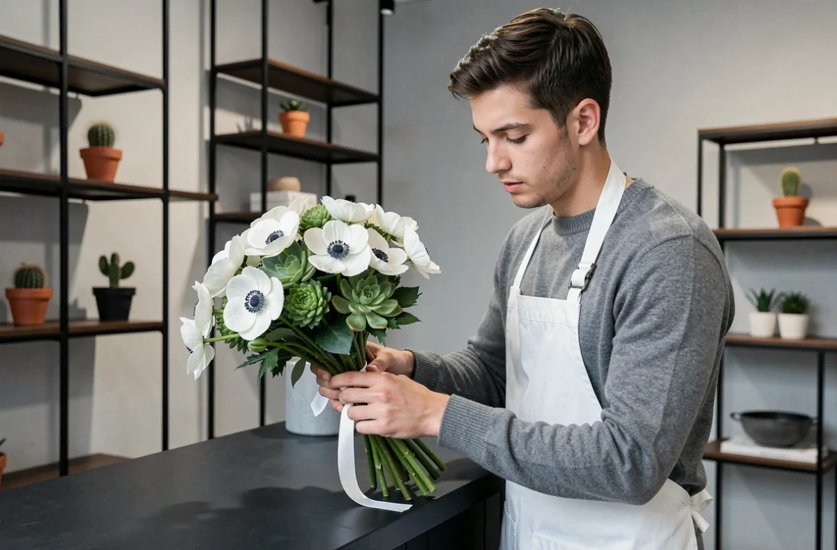 Jeune fleuriste nouant un ruban autour d'un bouquet minimaliste d'anémones blanches dans une boutique contemporaine