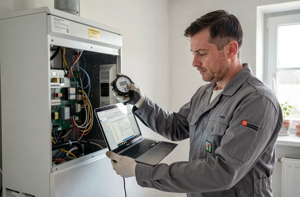 Ingénieur d'IMP Senlis effectuant un diagnostic numérique sur une chaudière à condensation