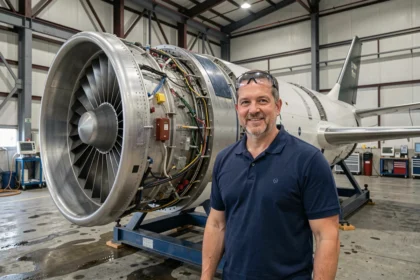 Ingénieur aéronautique inspectant un moteur turbofan monté sur un banc d'essai dans un hangar industriel