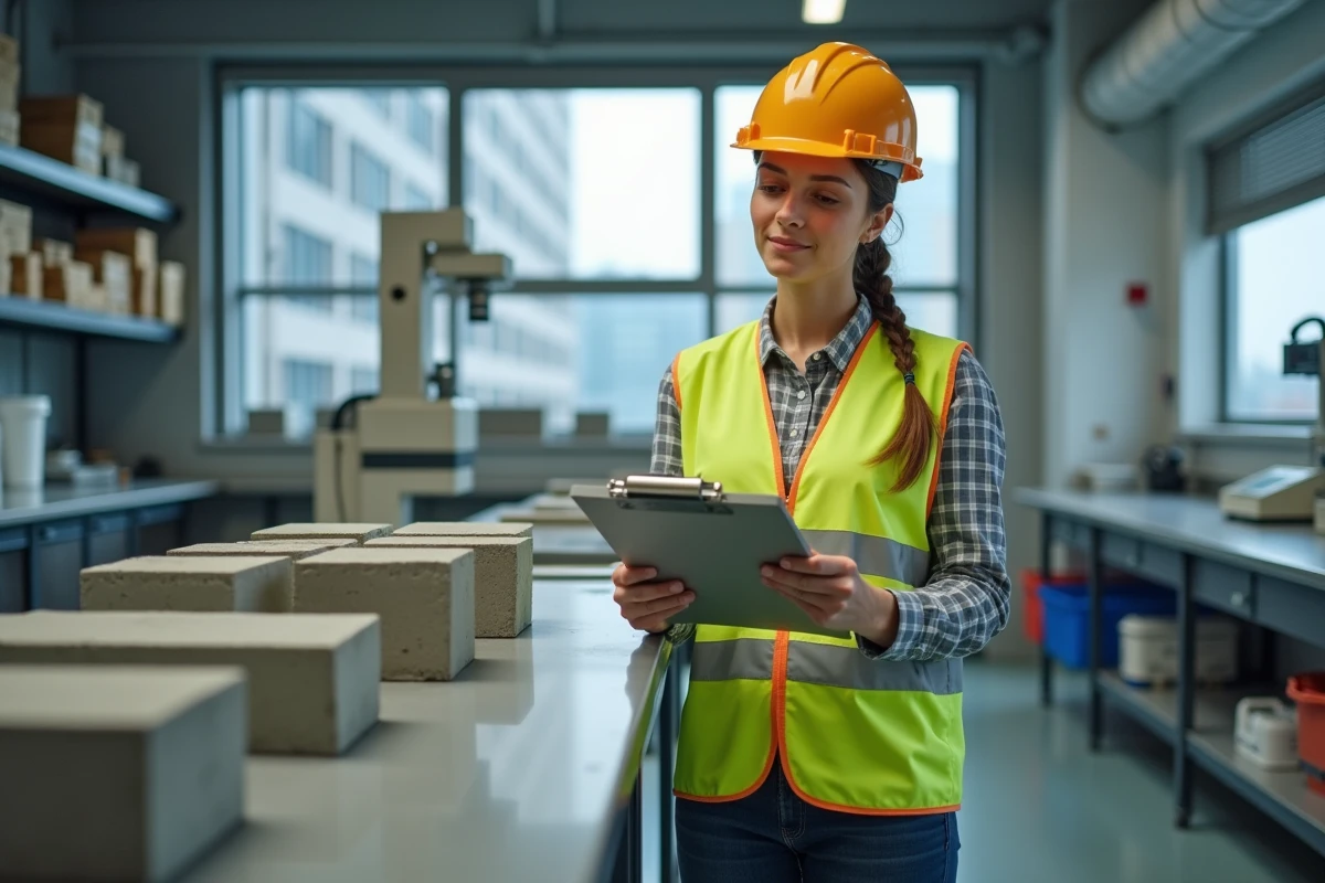 Jeune ingénieure civile examinant des échantillons de béton