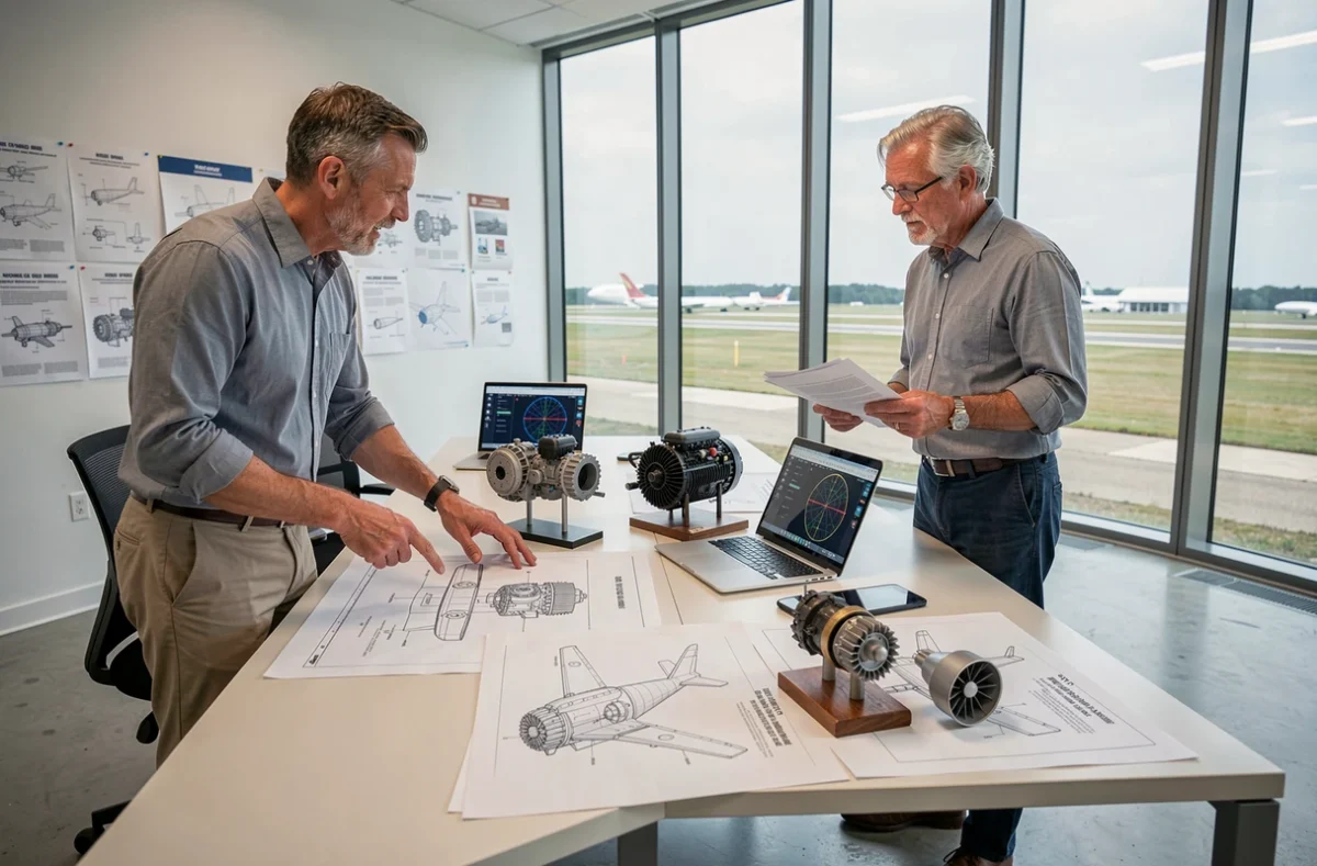 Deux ingénieurs aéronautiques comparant différents types de moteurs d'avions autour d'une table de réunion technique