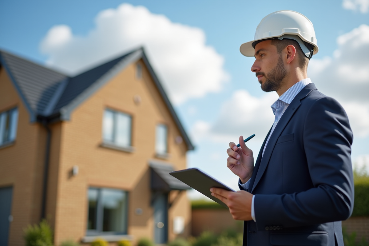 Expert en energie inspectant une maison en plein jour