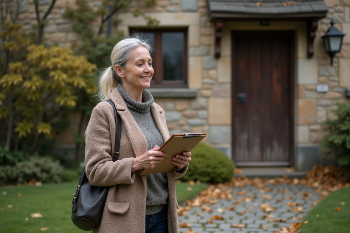Femme inspectant une maison ancienne en automne