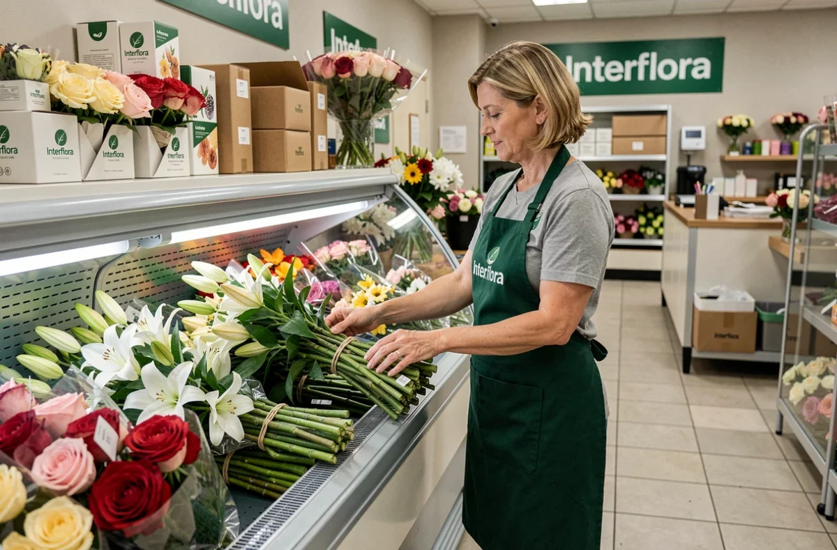 Fleuriste Natrella sélectionnant des lys et des roses dans le réfrigérateur d'une boutique Interflora professionnelle