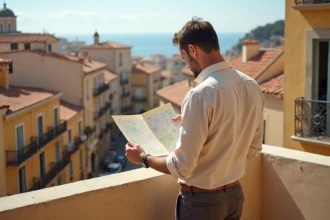 Investisseur immobilier consultant un plan de quartier de Marseille sur une terrasse avec vue panoramique sur les toits de la ville