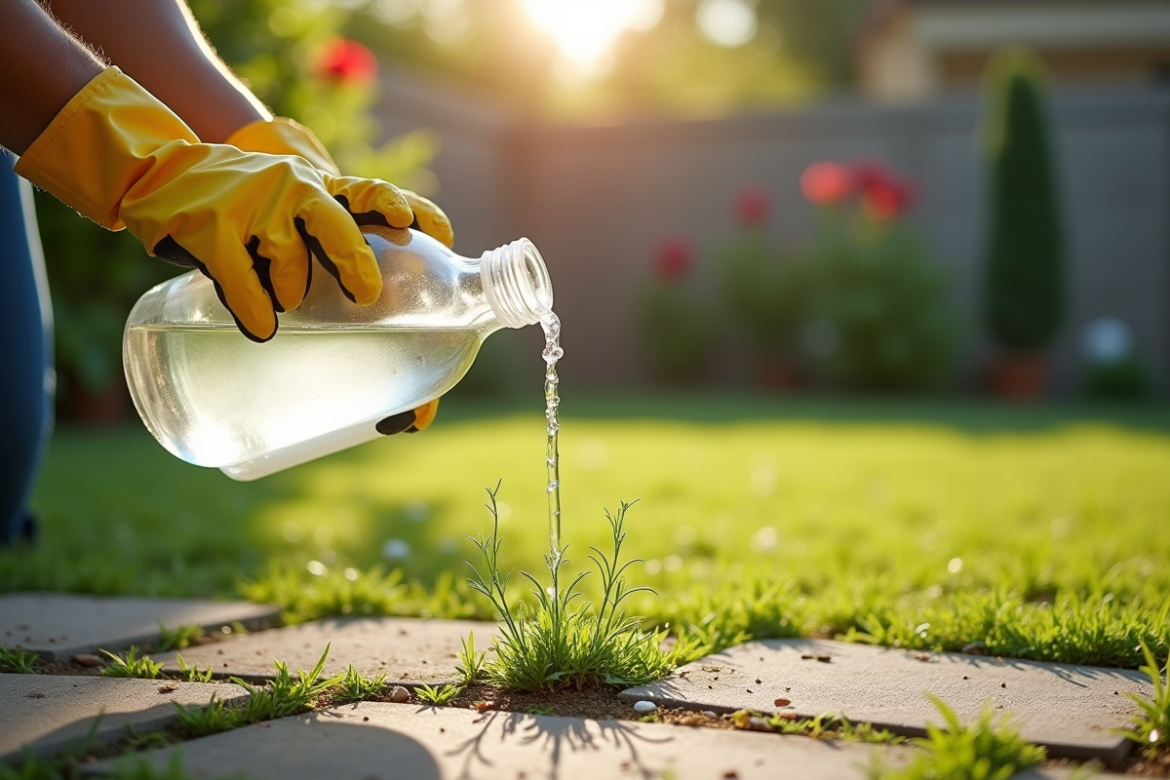 Personne versant du vinaigre blanc sur des mauvaises herbes dans le jardin
