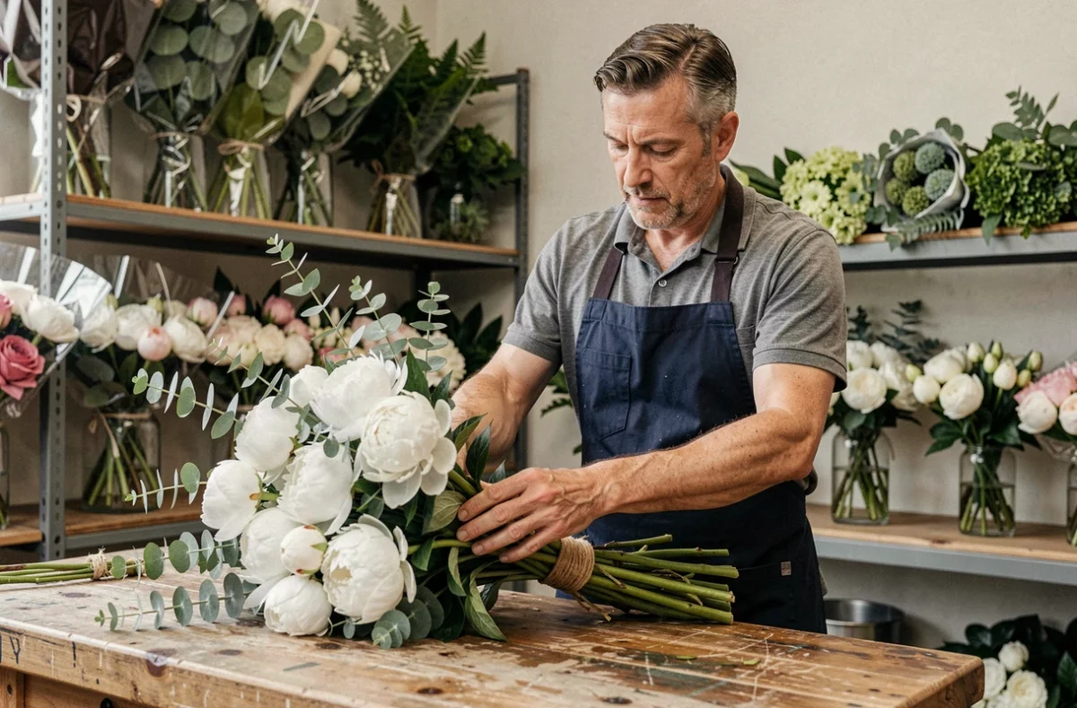 Fleuriste Jean arrangeant un bouquet de pivoines blanches et d'eucalyptus dans son atelier de fleuriste