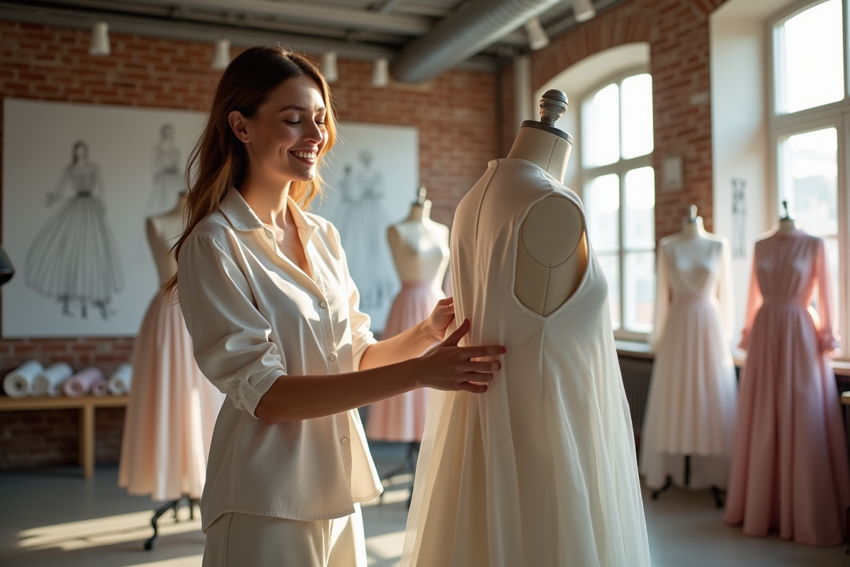 Jeune créatrice mode moderne pinçant tissu dans son studio lumineux