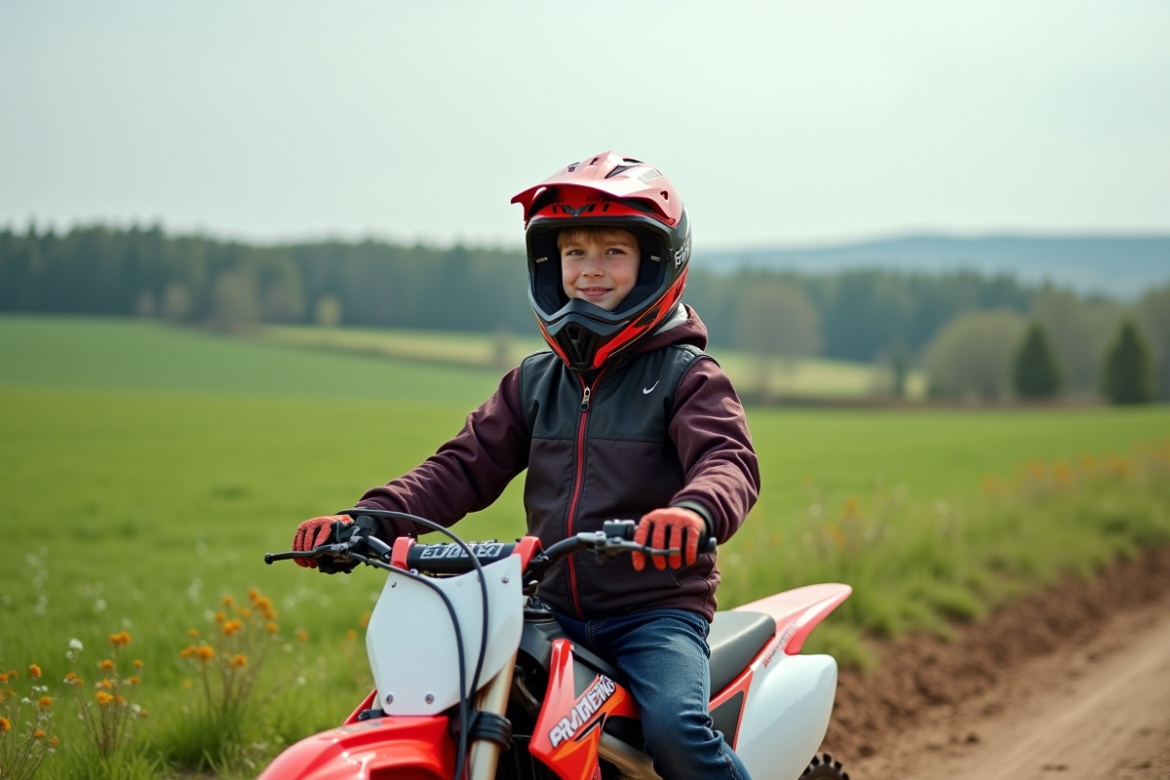Jeune garçon en casque motocross sur une moto 125cc en campagne