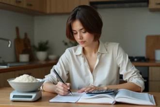 Jeune femme en cuisine note de conversion de poids