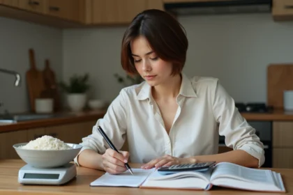 Jeune femme en cuisine note de conversion de poids
