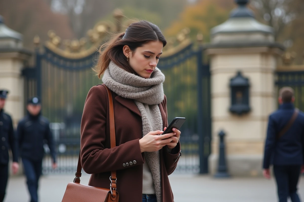 Jeune femme marchant devant les gates de l Elysee