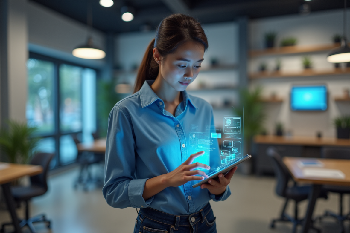 Jeune femme ingénieur utilisant une tablette holographique dans un espace moderne