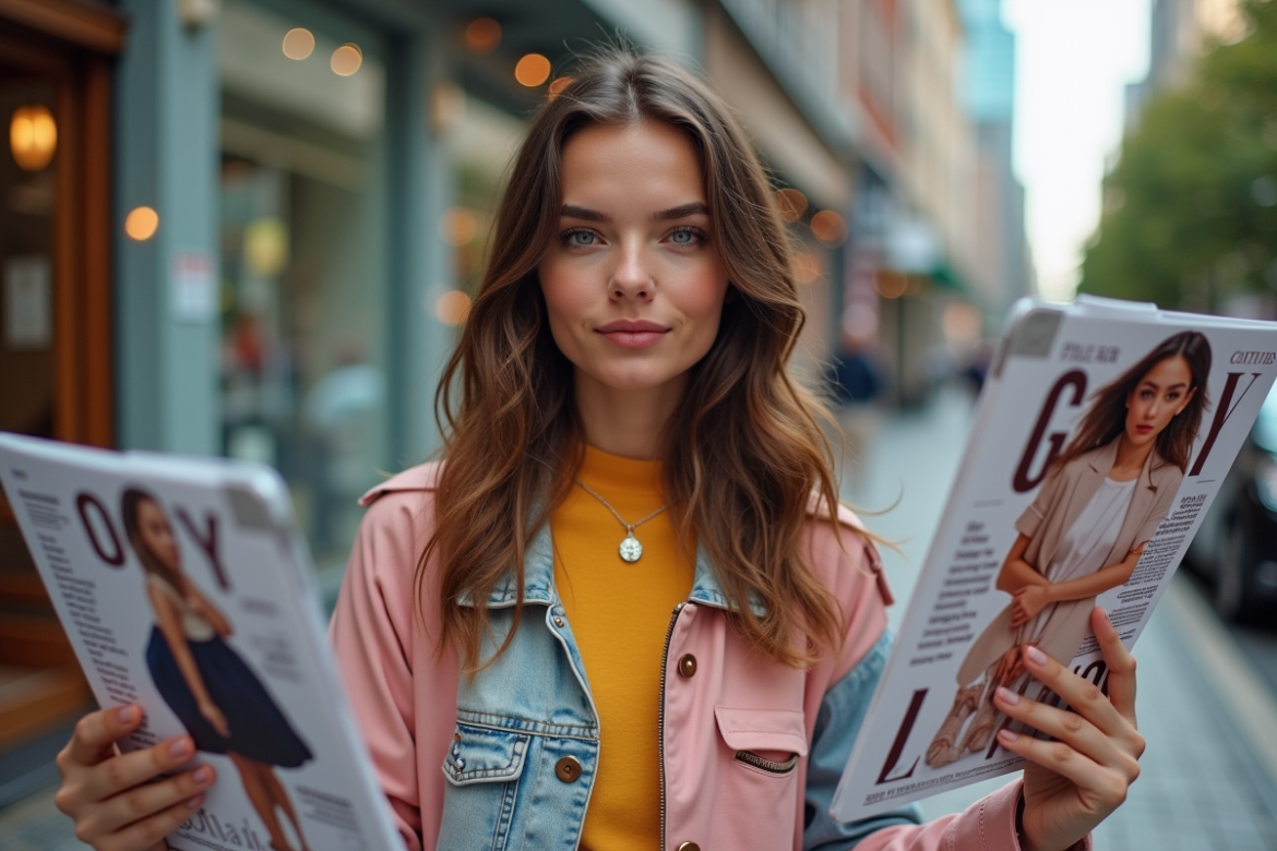 Jeune femme mode urbaine entourée de magazines et tablettes