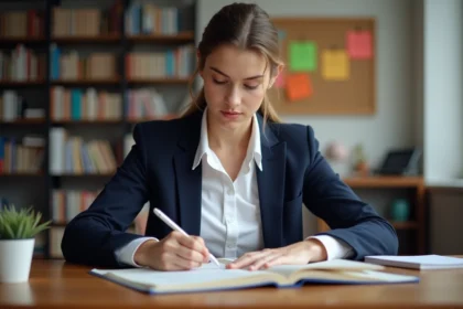 Jeune femme concentrée prenant des notes sur le Code civil
