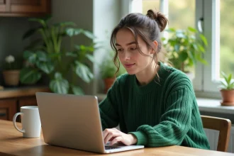 Jeune femme concentrée sur son ordinateur pour le quiz Jour de la Terre