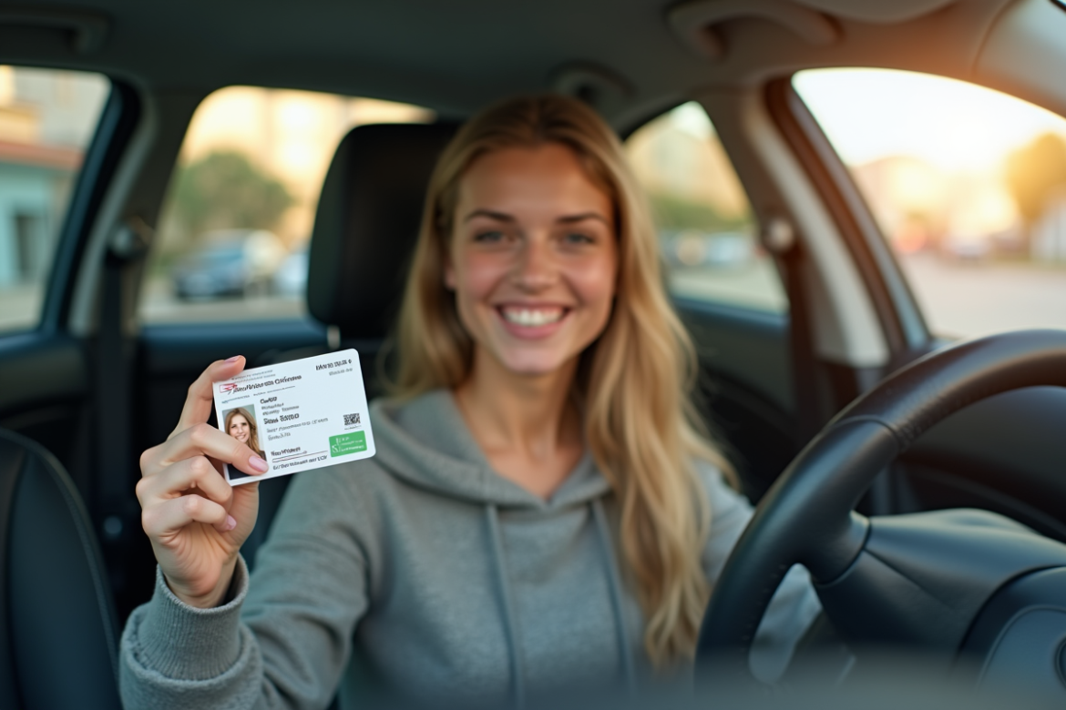 Jeune femme souriante avec son permis de conduire