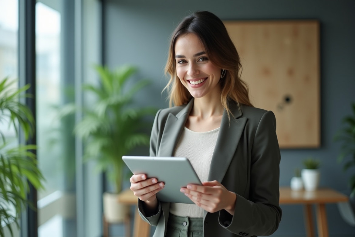 Jeune femme d'affaires souriante en présentation dans un bureau moderne