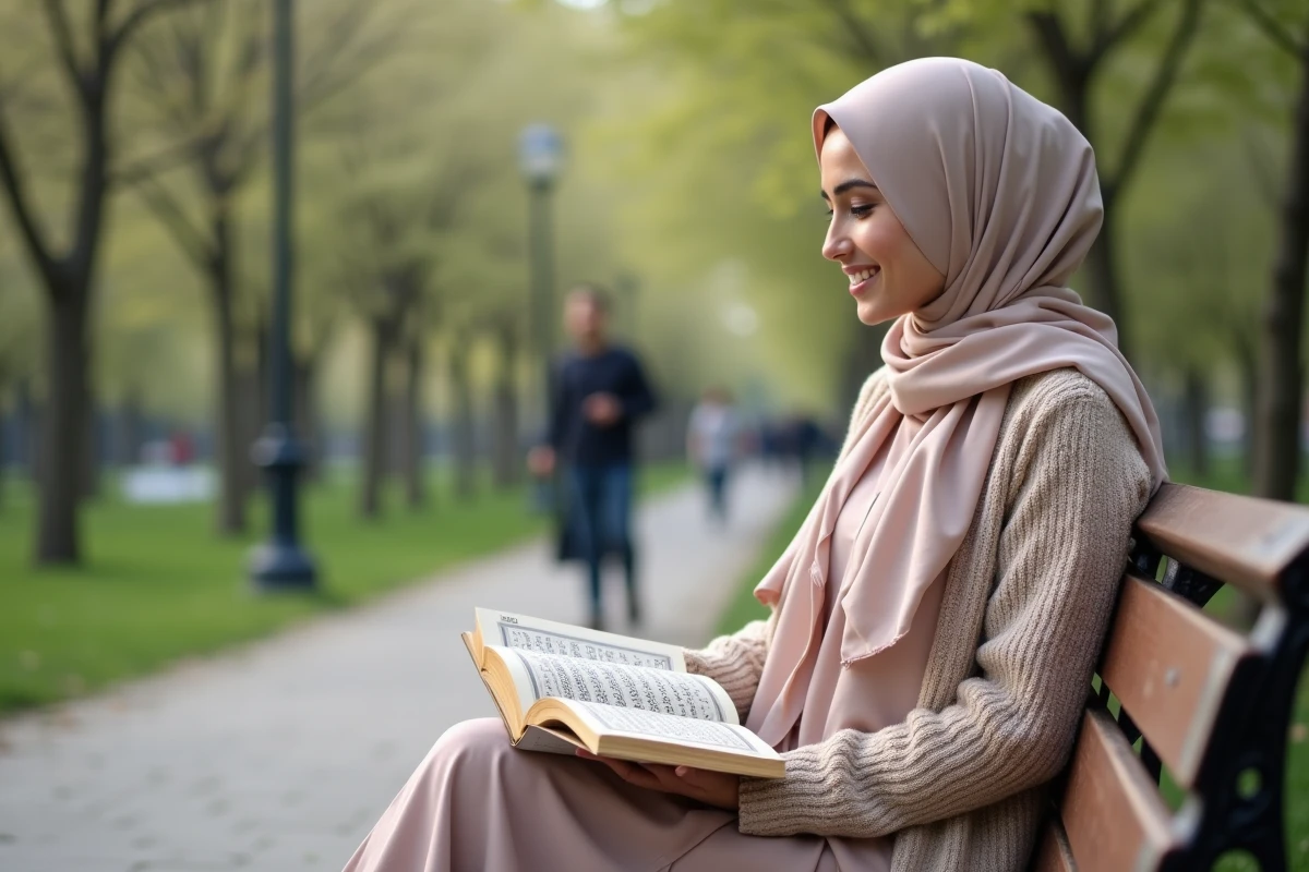 Jeune femme musulmane souriante dans un parc avec Quran