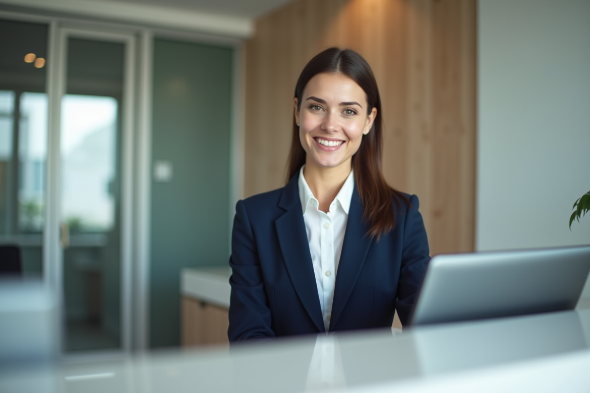 Jeune femme professionnelle souriante derrière un bureau moderne
