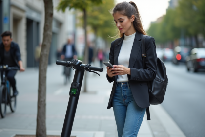 Jeune femme en blazer et jeans déverrouillant un scooter électrique en ville
