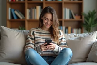 Jeune femme souriante avec smartphone dans un salon chaleureux