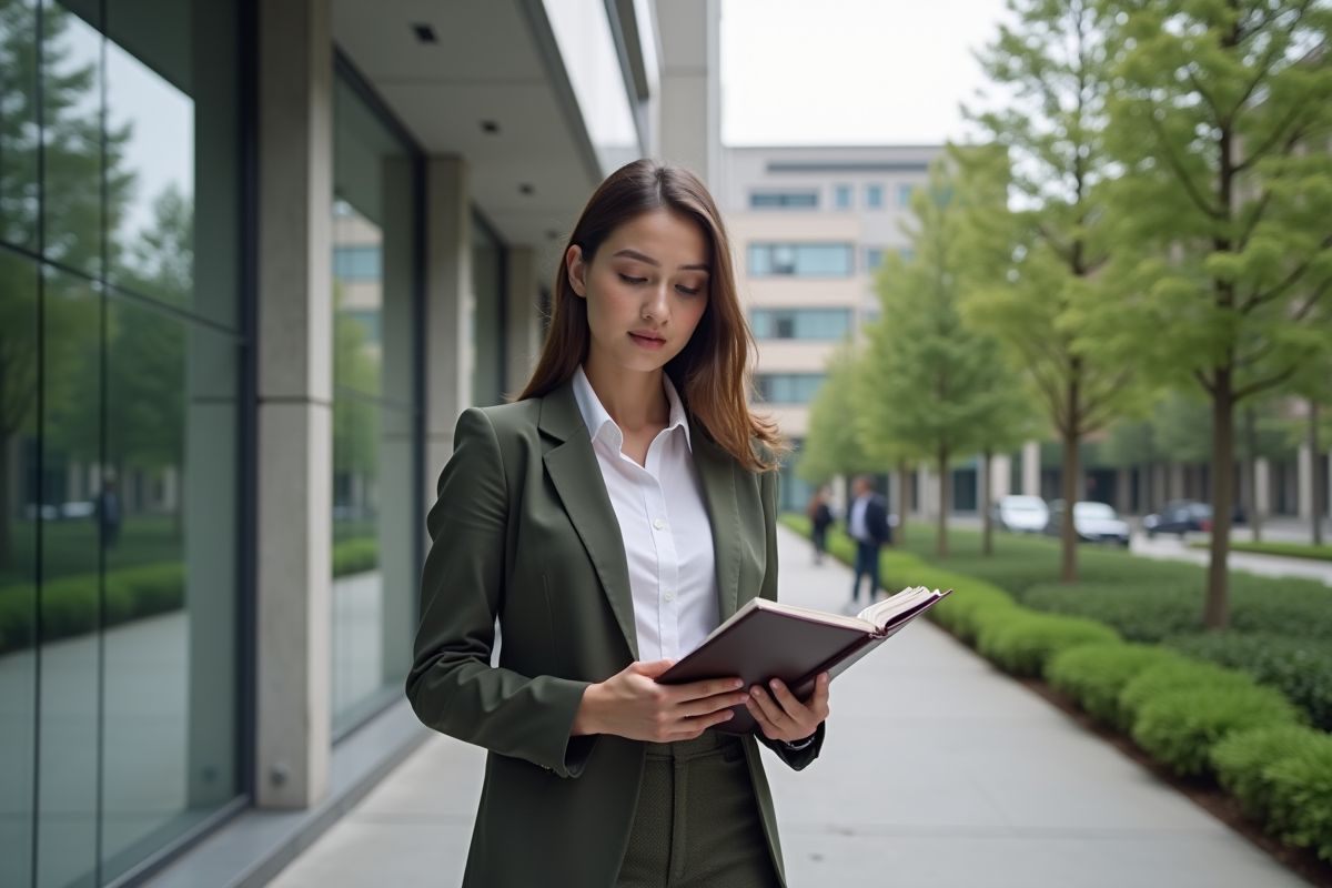 Jeune femme en blazer dans un environnement urbain