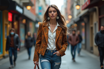 Jeune femme urbaine en veste à motifs dans la rue
