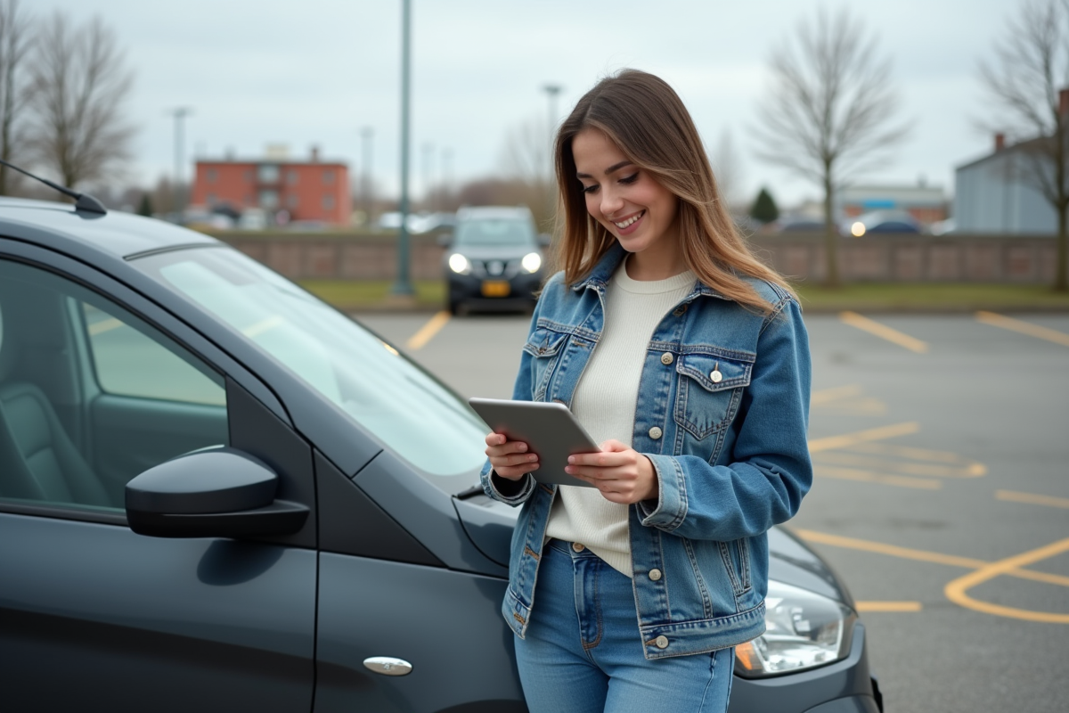 Jeune femme utilisant une tablette à côté de sa voiture en ville