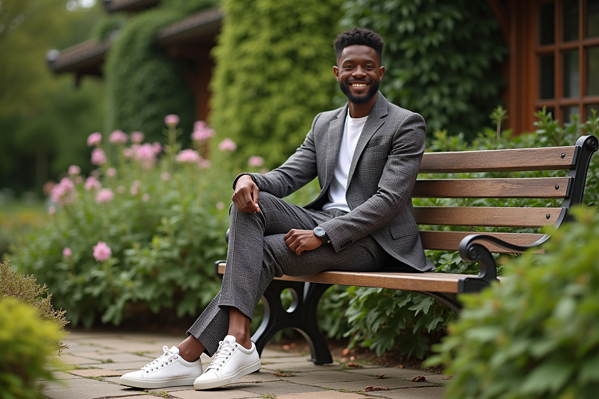 Jeune homme noir en costume dans un jardin botanique