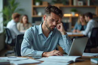 Jeune homme pensif au bureau moderne en open space