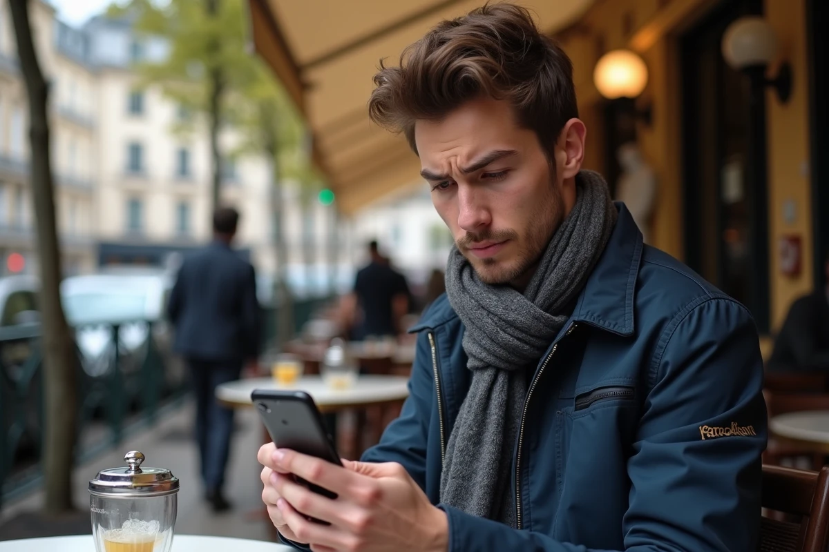 Jeune homme français au café parisien vérifiant l