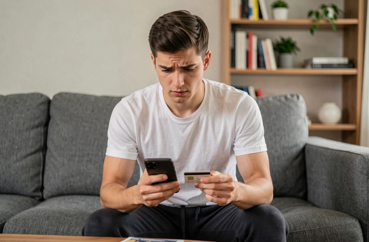 Jeune homme examinant sa carte SIM et son téléphone pour résoudre un problème de recharge Lycamobile