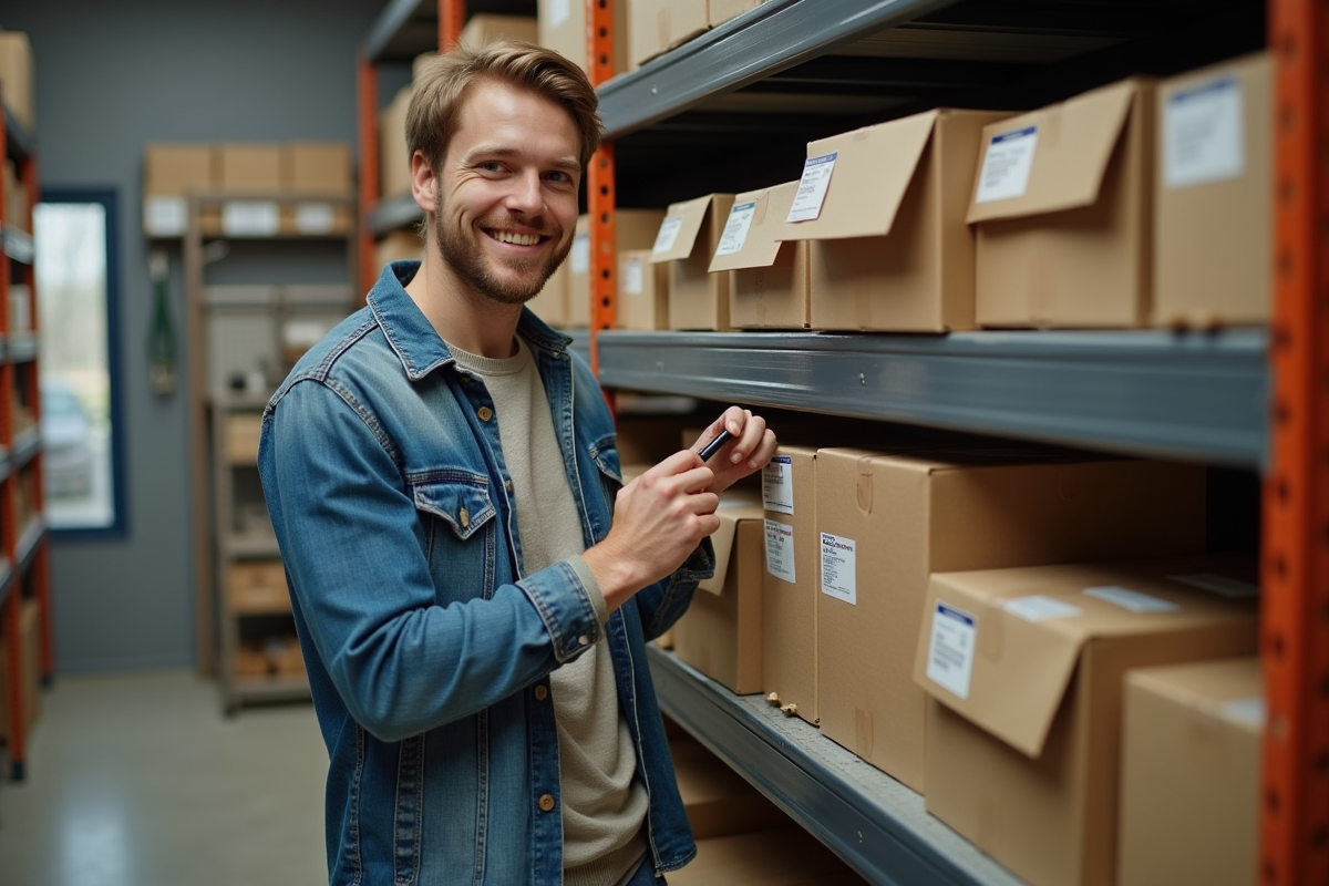 Jeune homme étiquetant des boîtes de batteries dans un garage