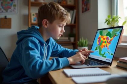 Adolescent étudiant regardant une carte des capitales américaines