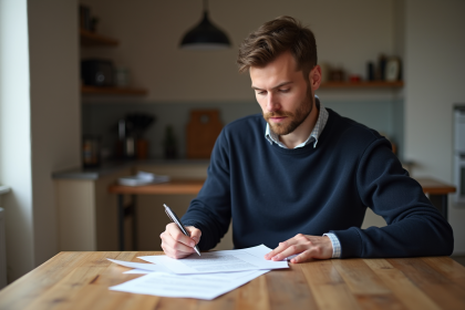 Jeune homme étudiant des documents de location dans un appartement parisien