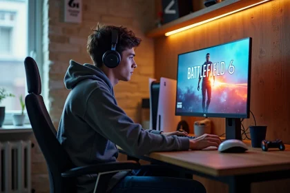 Jeune homme gamer dans un appartement moderne jouant à Battlefield 6