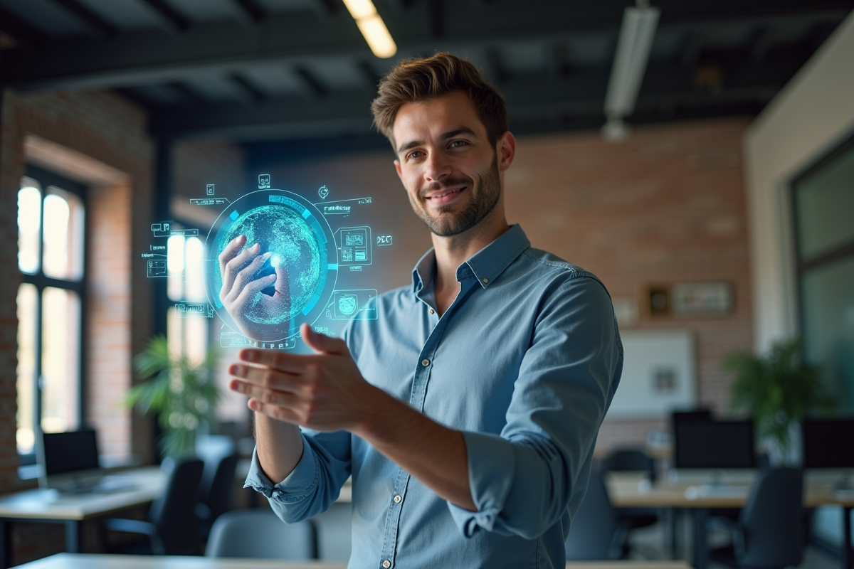 Jeune homme avec interface holographique