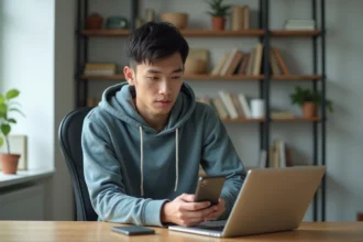 Jeune homme en jeans et hoodie dans un bureau moderne