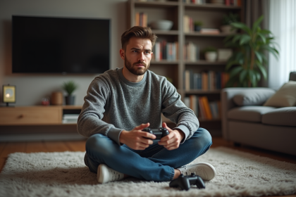 Jeune homme pensif jouant à un jeu vidéo dans son salon