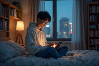 Jeune homme lisant manga sur tablette dans chambre cosy