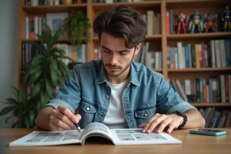 Jeune homme lisant manga français dans un appartement cosy