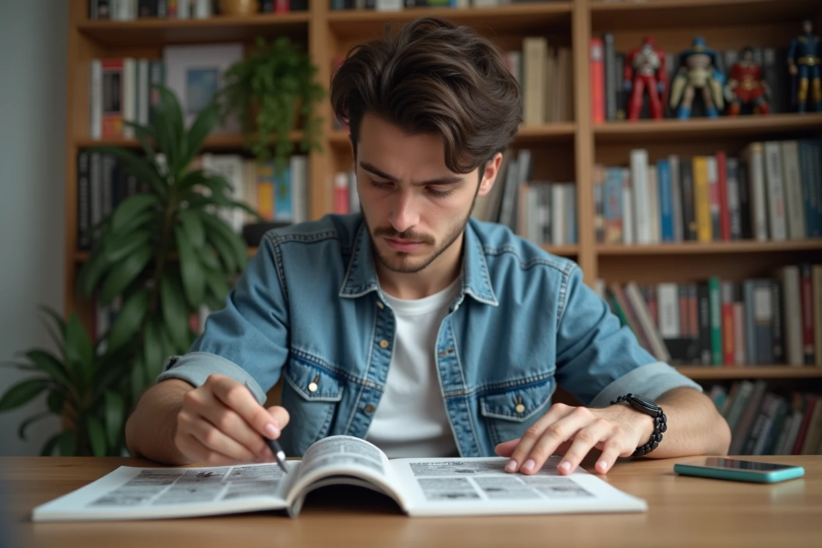 Jeune homme lisant manga français dans un appartement cosy