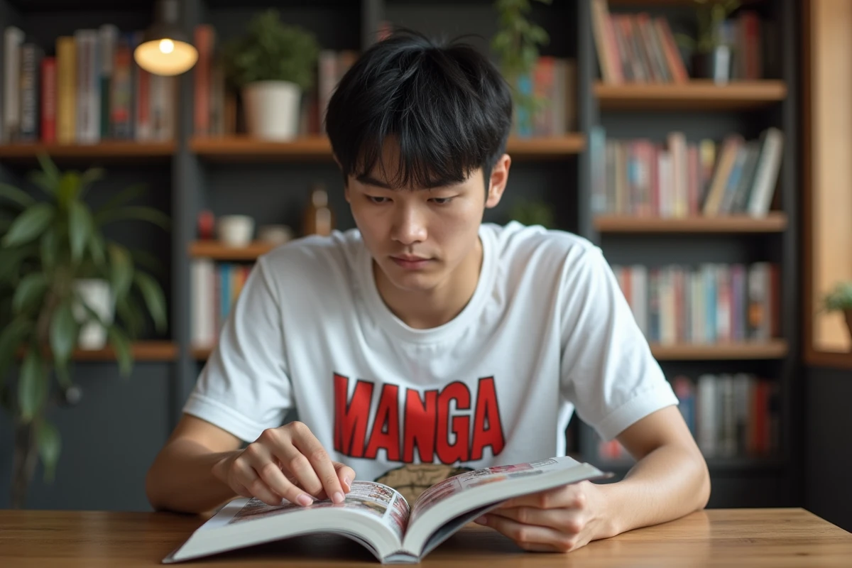 Jeune homme lisant manga dans un salon cosy