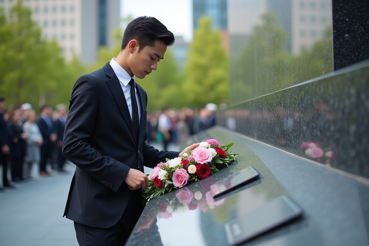 Jeune homme en costume déposant une couronne de fleurs