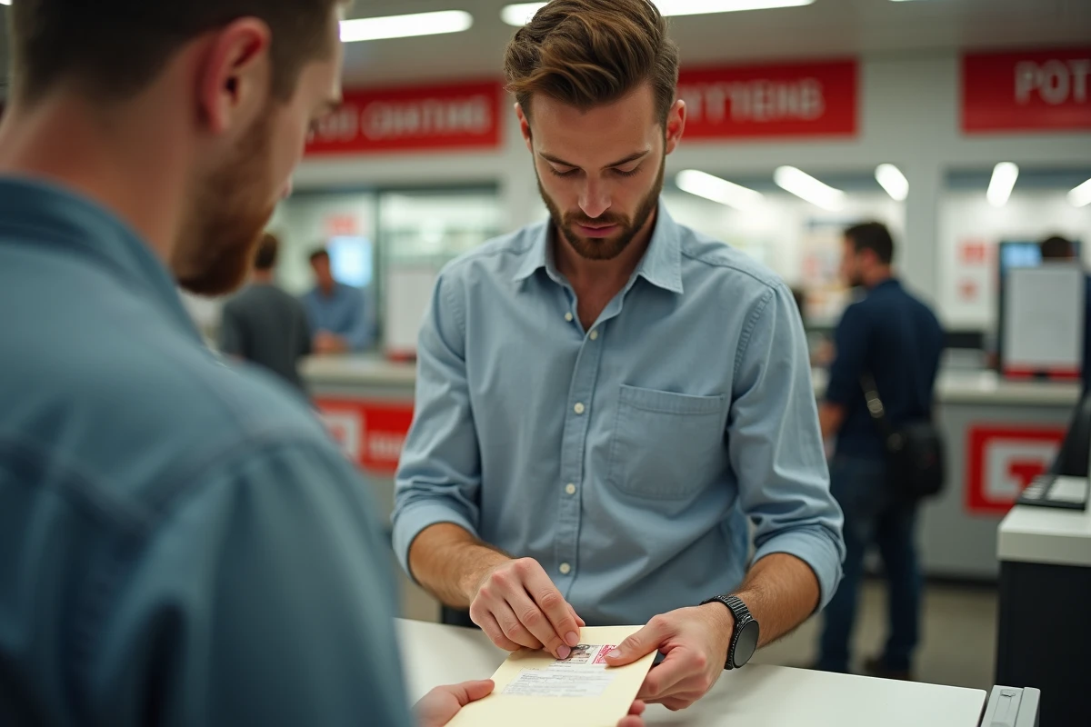 Jeune homme collant un timbre dans un bureau de poste animé