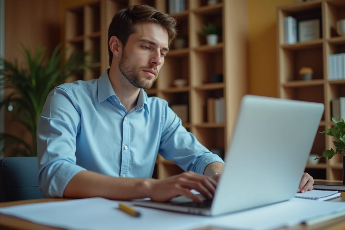 Jeune homme travaillant sur un ordinateur dans un espace cosy